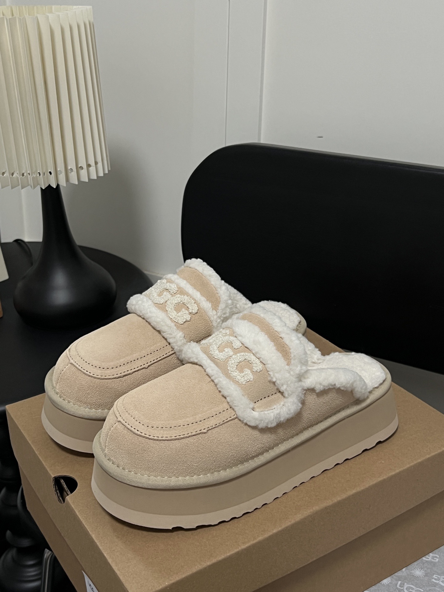 UGG Platform Fleece Mule Shoes Retro Woven Trim Fleece-Lined Warm Slip-On