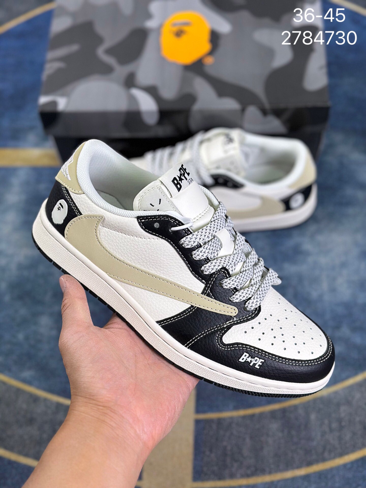 BAPE Low-Top Sneakers White Black Beige Color-Block Ape Head Logo Leather